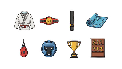 Martial arts equipment collection featuring karate belt and boxing gear