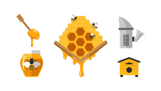 Beekeeping essentials: honeycomb, bees, and tools in flat design