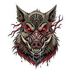 Menacing Boar Head Illustration with Red Eyes.