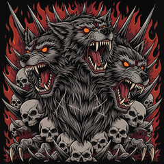 Three Headed Howling Wolf Creature with Skulls.