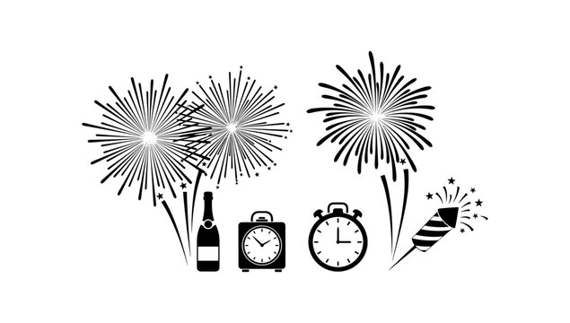 New year celebration icons with fireworks, clocks, and champagne