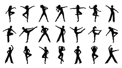 Collection of dynamic black silhouettes in various dance poses