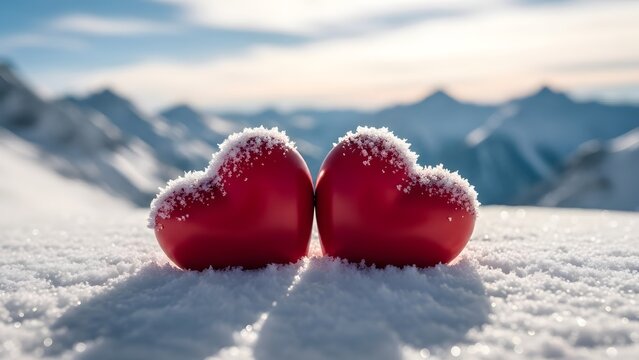 Happy valentines day winter wonderland frosty red hearts in snowy landscape on valentine's day