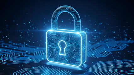 Glowing blue circuit padlock on microchip background