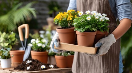 Person planting flowers in pots during springtime gardening with tools and soil surrounded by green plants and white petals in soft light