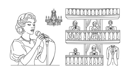 Retro opera singer on stage with audience in theater balcony line art