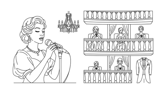 Retro opera singer on stage with audience in theater balcony line art