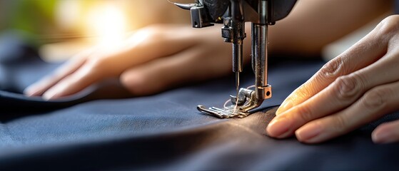 Close-up view of hands working on a sewing machine to create fabric designs in a home studio setting during the day