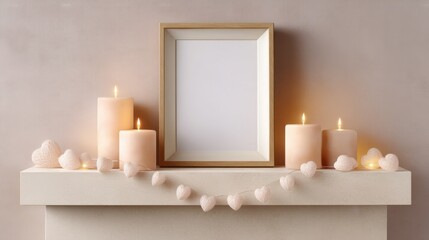 White frame with a candle in it sits on a mantle. Valentines day.