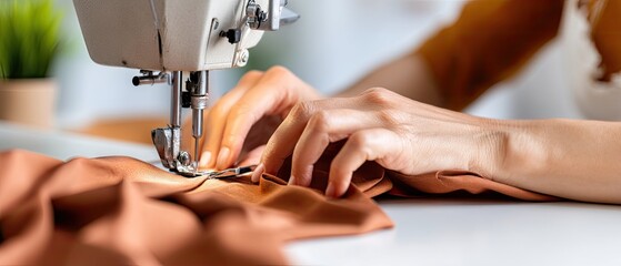 Close-up view of hands sewing at a machine in a creative workshop for tailoring skills and fashion design