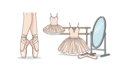 Ballet shoes and dance attire with mirror and barre in delicate pastel colors