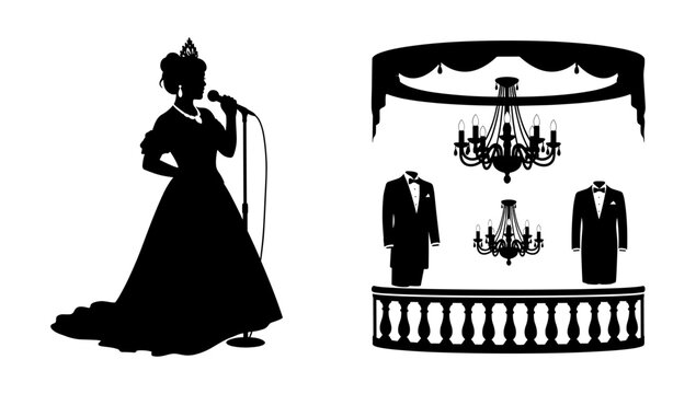 Elegant singer and formal balcony scene in silhouette style