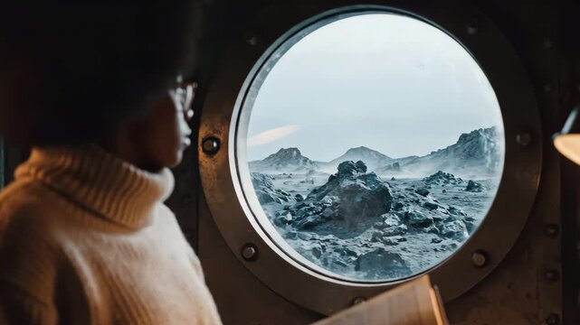 Calm adult woman reading a book and observing a desolate planet from a spacecraft porthole. Concept of discovery