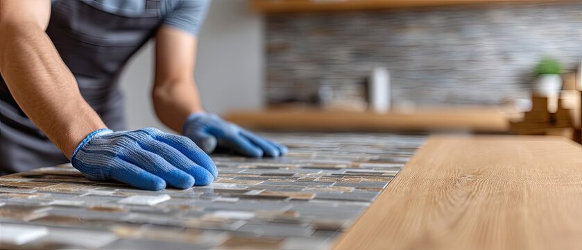 Hands in blue gloves use tools to remove wall tiles during kitchen or bathroom renovation work in close up shot with space on the right