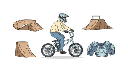 Naklejka premium Bmx rider with helmet and armor at skatepark with ramps