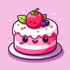 A cute, cartoon-style cake features a smiling face, pink stripes, and white frosting. Topped with a happy strawberry and blueberries