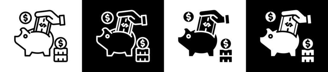 Money Savings Icon Set In Black And White Filled Style Collection