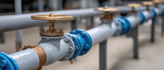 View of blue and golden gas main basins with brass vents in a modern factory room showing production equipment for oil and natural gas
