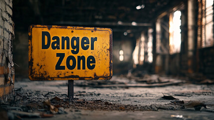 Abandoned industrial space with danger zone warning sign