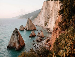 Scenic Coastal View of Sea Stacks and White Cliffs.