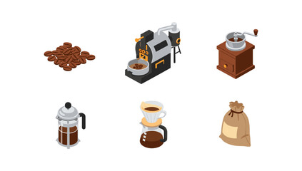 Isometric coffee elements set with beans, grinder, and brewing tools