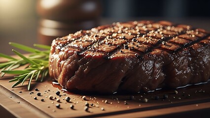 Perfectly Grilled Steak with Rosemary and Peppercorns on a Cutting Board