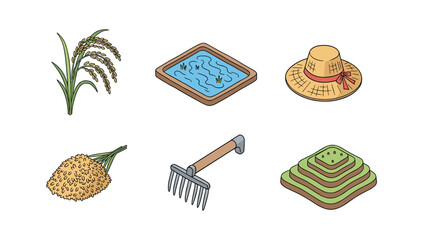 Farming elements set featuring rice, tools, and landscapes in flat design
