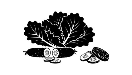 Black and white silhouette of fresh vegetables with cucumber and leaves