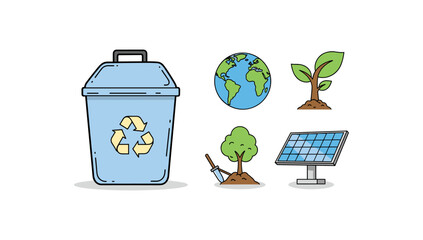 Eco-friendly icons: recycling bin, earth, plant, and solar panel