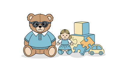 Fototapeta premium Cute toys collection with bear, doll, puzzle pieces, cubes, car