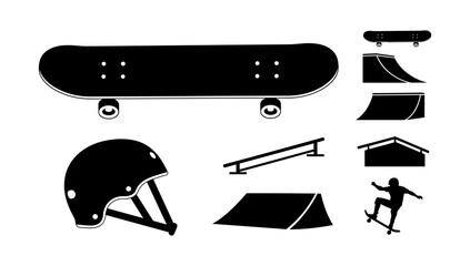 Skateboarding elements silhouette set with ramp and helmet
