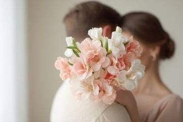 Man and woman are embracing each other while holding a bouquet of pink