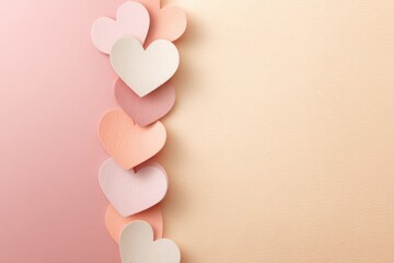 Row of hearts are arranged on a pink background. Valentines day.