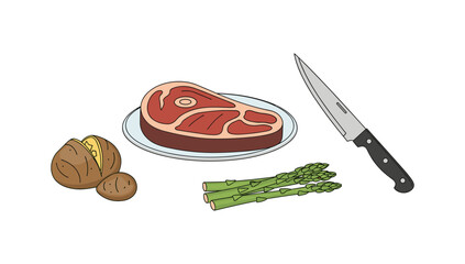 Flat design dinner preparation with steak, potatoes, asparagus, and knife