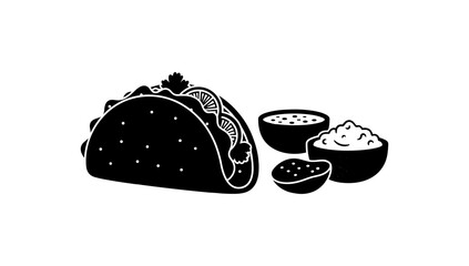 Silhouette taco with salsa and guacamole on white background