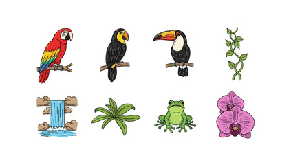 Colorful wildlife and nature elements with tropical birds and plants