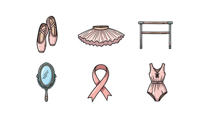 Ballet essentials: pointe shoes, tutu, barre, mirror, ribbon, leotard in elegant style