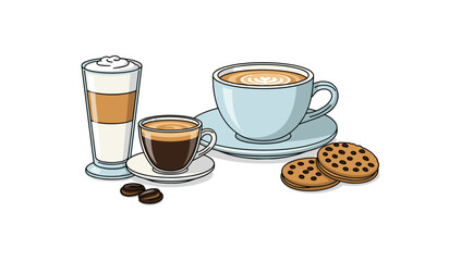 Assorted coffee and cookies in flat style: latte, cappuccino, espresso