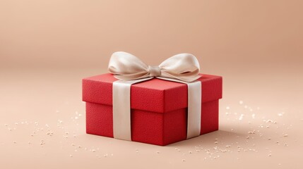 Red box with a white bow on top of a table. Valentines day.