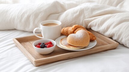 Tray of breakfast food with a cup of coffee and a plate of pancakes. Valentines day.