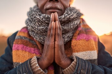 Senior man with hands together in prayer outdoors at sunset.
