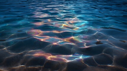 Prismatic light refractions create shimmering colorful abstract patterns on a deep blue water surface