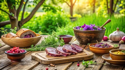 Rustic Outdoor Feast Sliced Purple Root Vegetables, Herb Garnishes, and Savory Bread Rolls on Wooden Table
