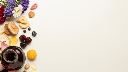 Bright Qingming festival background with minimal copyspace background and fruit border. Modern spring design background offering space for text