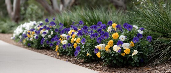 Colorful pansy flowers line the path in a flower bed during springtime with purple, yellow, and white blooms creating a lively display