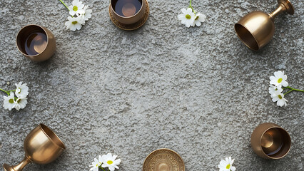 Ceremonial Qingming festival background with stone copyspace background and golden tea ritual frame. Calm spring design background with space for text