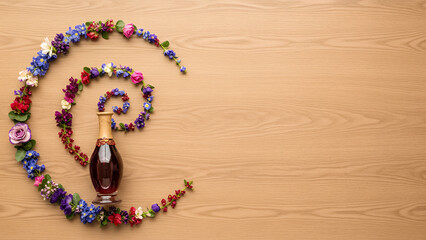 Creative Qingming festival background with wood copyspace background and artistic floral curve. Modern spring design background with space for text