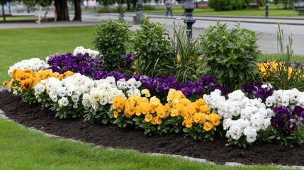 Colorful pansies form a path in a garden showing bright yellow, white, and purple flowers in natural light captured with a Canon EOS R5 camera