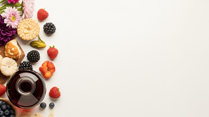 Fresh Qingming festival background with white copyspace background and colorful spring offerings. Clean design background with space for text