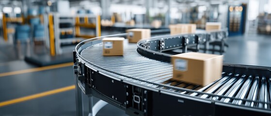 Motion blurred conveyor belt shows fast movement of boxes in e-commerce warehouse for efficient delivery of goods to customers